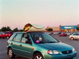 Best New Cars for First-Time Buyers in 2025 Teal hatchback crooked across two Walmart spots, burrito on roof, dawn light.