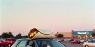 Best New Cars for First-Time Buyers in 2025 Teal hatchback crooked across two Walmart spots, burrito on roof, dawn light.