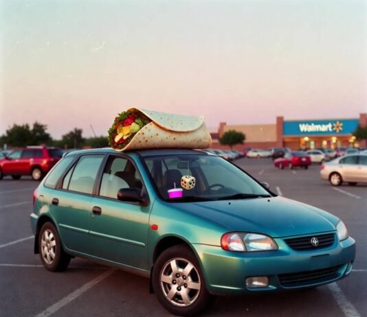 Best New Cars for First-Time Buyers in 2025 Teal hatchback crooked across two Walmart spots, burrito on roof, dawn light.