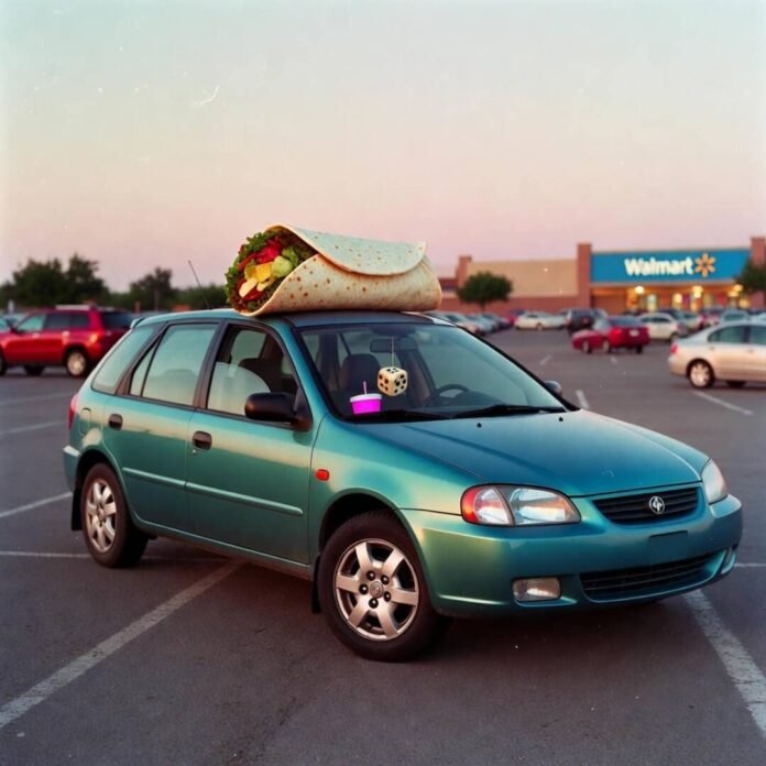Teal hatchback crooked across two Walmart spots, burrito on roof, dawn light.