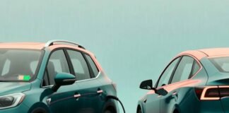 Hybrid vs. Electric: Which Car Is Better for You? Hybrid SUV half-charged, tangled EV cable, coffee cups float over distorted flag puddle.