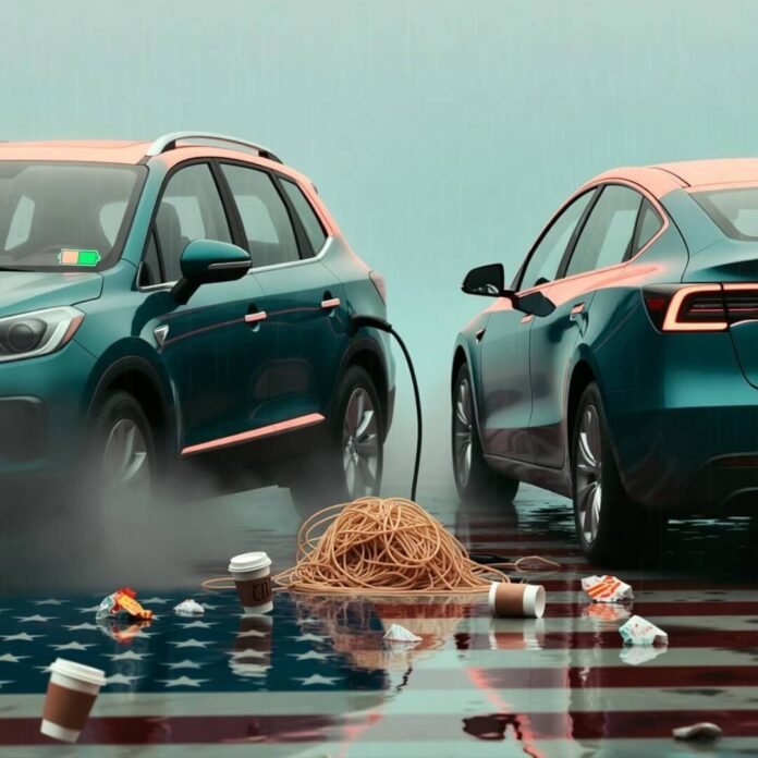 Hybrid SUV half-charged, tangled EV cable, coffee cups float over distorted flag puddle.