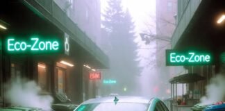 Best Hybrid Cars for City Driving in 2025 Teal hybrid sedan in foggy Seattle alley with glowing Eco-Zone signs and electric wisps.