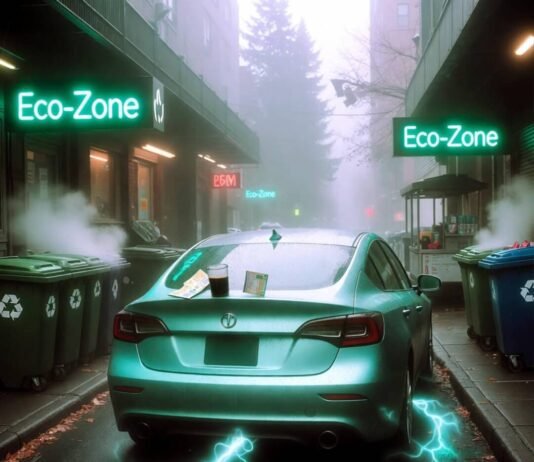 Best Hybrid Cars for City Driving in 2025 Teal hybrid sedan in foggy Seattle alley with glowing Eco-Zone signs and electric wisps.
