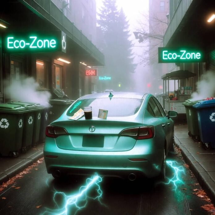 Teal hybrid sedan in foggy Seattle alley with glowing Eco-Zone signs and electric wisps.