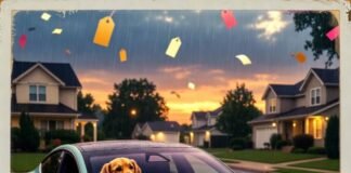 Top10 New Cars for 2025: Affordable Luxury Without Breaking the Bank Teal electric car with coffee spill, dog chewing key fob, price tag confetti.