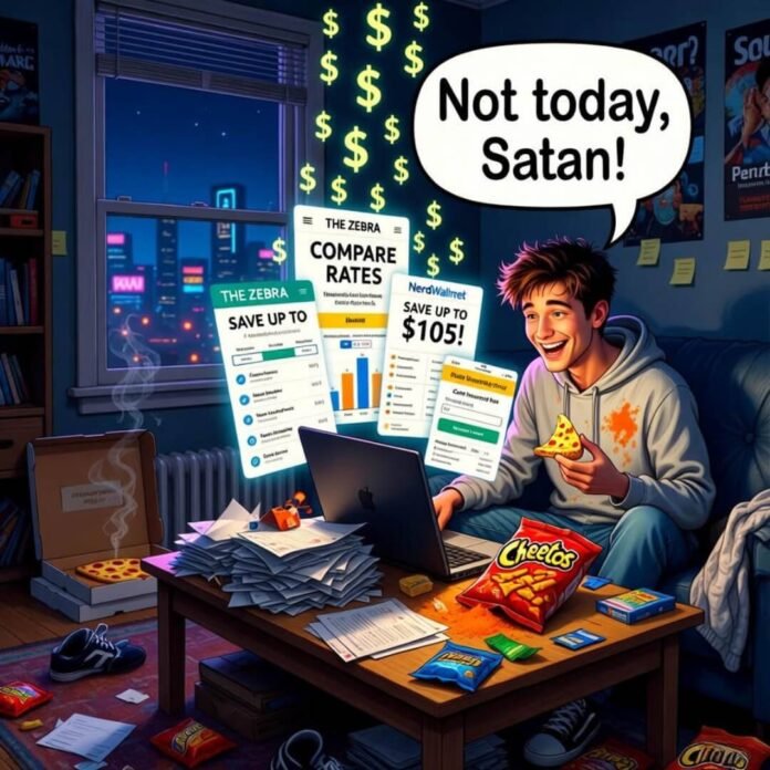 Millennial grins with pizza, saving $105 on insurance amid chaotic apartment. "Not today, Satan!"