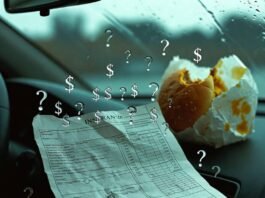 Car Insurance Quotes: What Affects the Price Most? Crumpled insurance quote on rainy windshield, greasy burger wrapper, floating dollar-question marks.