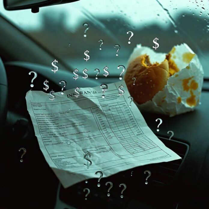 Crumpled insurance quote on rainy windshield, greasy burger wrapper, floating dollar-question marks. Crumpled insurance quote on rainy windshield, greasy burger wrapper, floating dollar-question marks.