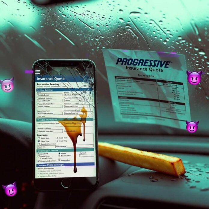 Cracked phone with coffee-stained insurance form, wilted fry, rainy Progressive quote, devil emojis whisper chaos.