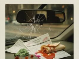 Car Insurance Coverage Types Explained in Plain English Crumpled bills, cracked mirror, burrito on car insurance papers.