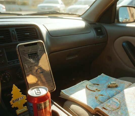 Best Used Cars Under $15,000 in 2025 – Ranked by Experts Cracked phone shows blurry Carfax; origami cash cars on stained atlas in sunlit dash.