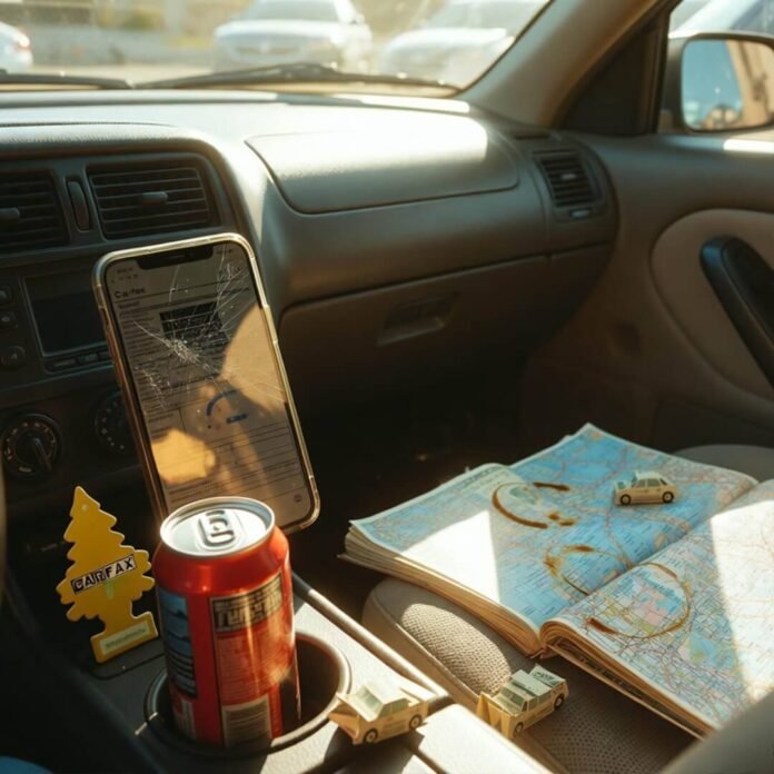 Cracked phone shows blurry Carfax; origami cash cars on stained atlas in sunlit dash.