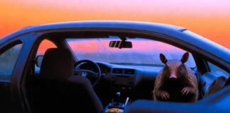 Collision vs. Comprehensive: What’s the Difference? Damaged Honda Civic with "Coexist" sticker, armadillo inside, taquito on dash, neon-lit puddle.