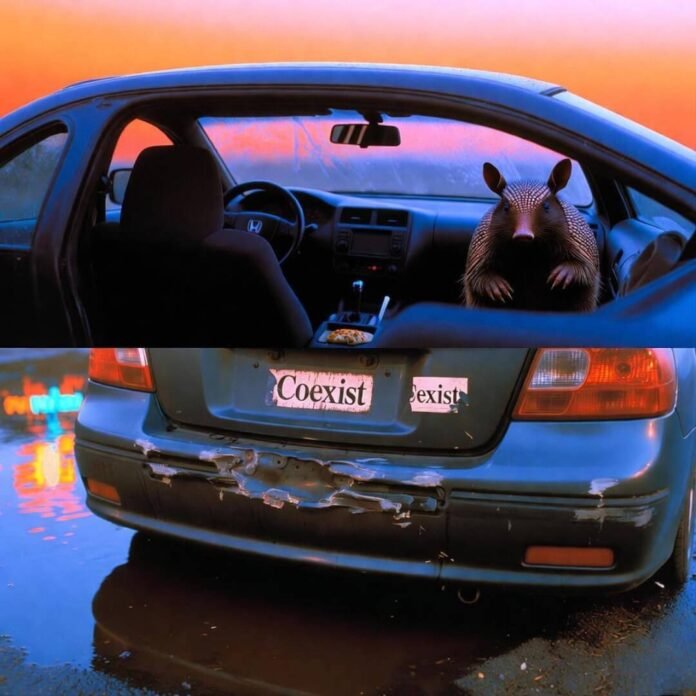Damaged Honda Civic with "Coexist" sticker, armadillo inside, taquito on dash, neon-lit puddle.