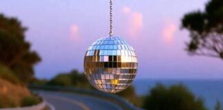 Top Short-Term Car Rentals for Weekend Getaways Vintage convertible with mismatched tires on coastal road at dusk, disco ball, map with hearts.