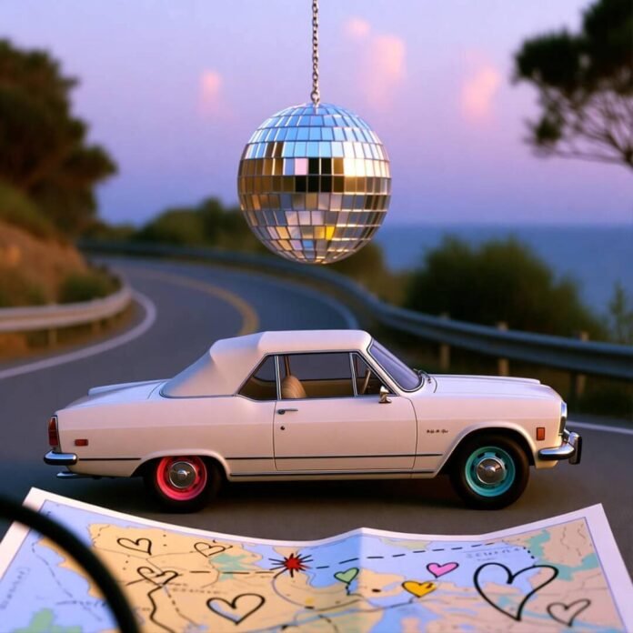 Vintage convertible with mismatched tires on coastal road at dusk, disco ball, map with hearts. Vintage convertible with mismatched tires on coastal road at dusk, disco ball, map with hearts.