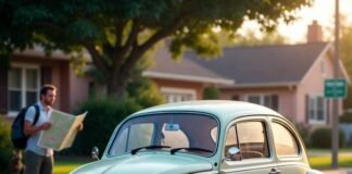 Best Apps to Find Short-Term Car Rentals Near You Quirky vintage VW Beetle, confused tourist with map, neon car rental app, stray cat, "Rent Here" sign.