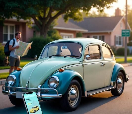 Best Apps to Find Short-Term Car Rentals Near You Quirky vintage VW Beetle, confused tourist with map, neon car rental app, stray cat, "Rent Here" sign.