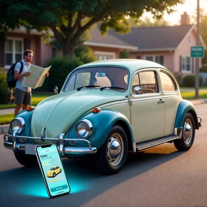Quirky vintage VW Beetle, confused tourist with map, neon car rental app, stray cat, "Rent Here" sign.