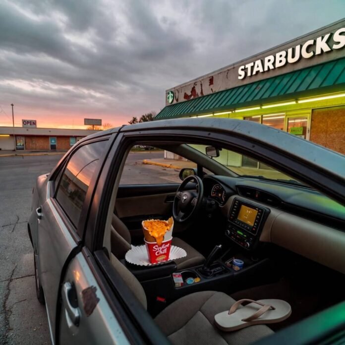 InteriorAlt text:** Beat-up Corolla with chili coney and lone flip-flop at rundown Starbucks, hazy sunset.