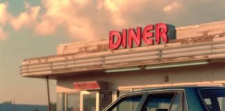 The Pros and Cons of Short-Term Car Rentals Beat-up teal sedan with spinning hubcaps outside dusty diner, tacos spilling, golden hour glow.