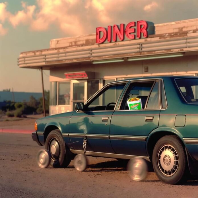 Beat-up teal sedan with spinning hubcaps outside dusty diner, tacos spilling, golden hour glow. Beat-up teal sedan with spinning hubcaps outside dusty diner, tacos spilling, golden hour glow.