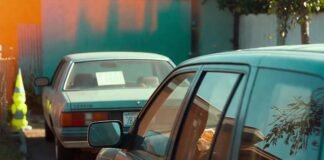 Is Long-Term Car Leasing Better Than Buying? Dented teal SUV parked crookedly, fast-food bag inside, "For Sale" sedan behind.