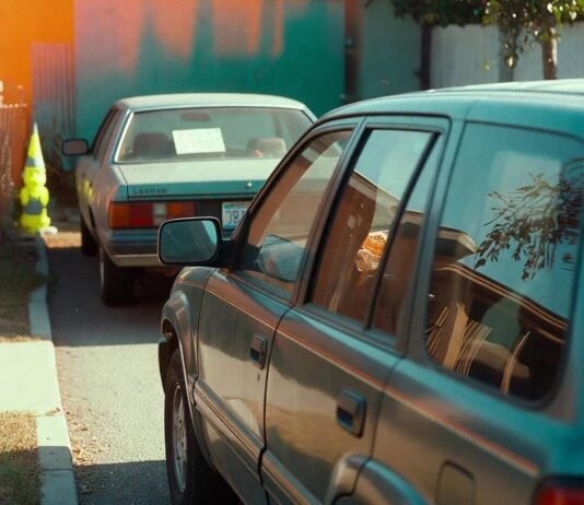 Is Long-Term Car Leasing Better Than Buying? Dented teal SUV parked crookedly, fast-food bag inside, "For Sale" sedan behind.