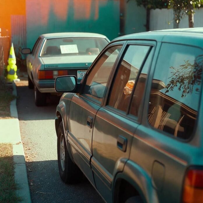 Dented teal SUV parked crookedly, fast-food bag inside, "For Sale" sedan behind.