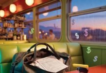 Long-Term Rental vs. Car Subscription: Which Is Smarter? Duffel bag spills lease papers in neon diner; phone says "$49 overdue," fry balances on key fob.