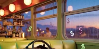 Long-Term Rental vs. Car Subscription: Which Is Smarter? Duffel bag spills lease papers in neon diner; phone says "$49 overdue," fry balances on key fob.