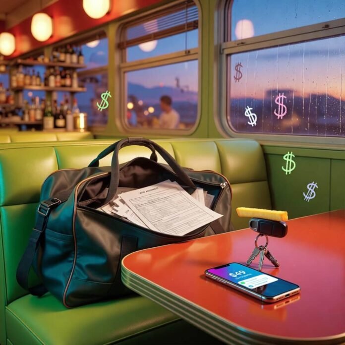 Duffel bag spills lease papers in neon diner; phone says "$49 overdue," fry balances on key fob. Duffel bag spills lease papers in neon diner; phone says "$49 overdue," fry balances on key fob.