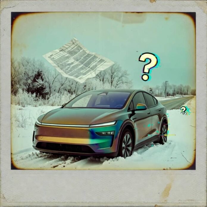 Vintage Polaroid of SUV stuck in snow, glitching GPS, crumpled contract, quirky question marks.