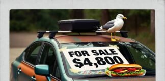 How to Spot a Great Used Car Deal Before It’s Gone Dusty Honda Civic for sale with hoagie, oil slick, and confused seagull. Polaroid style.