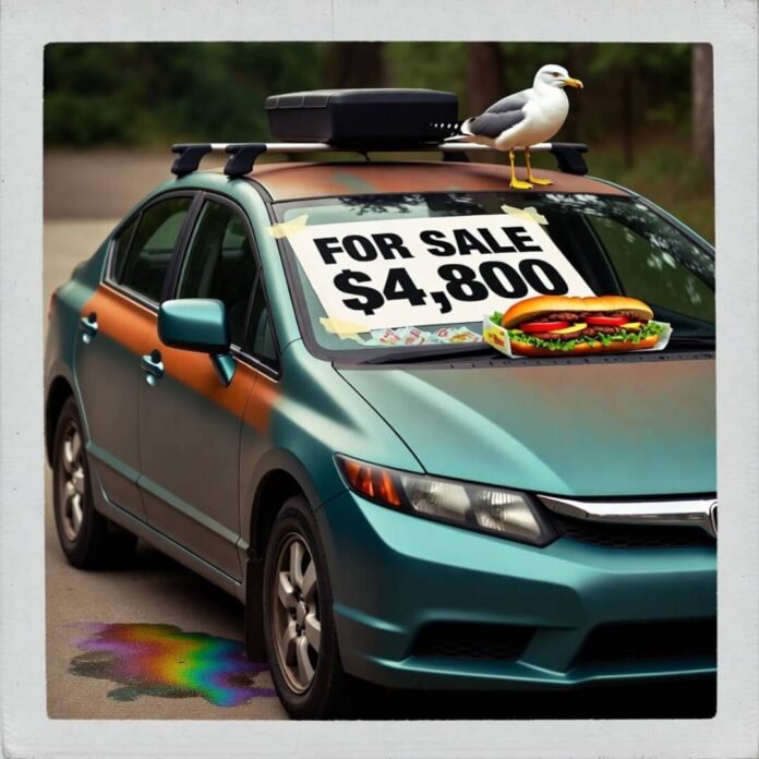 Dusty Honda Civic for sale with hoagie, oil slick, and confused seagull. Polaroid style.