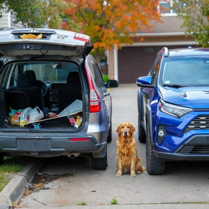 Confused golden retriever between old CR-V and new RAV4, waffle fry on dash. Confused golden retriever between old CR-V and new RAV4, waffle fry on dash.