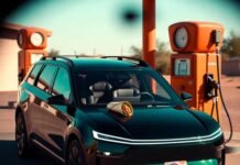 The Most Fuel-Efficient SUVs You Can Buy Today Orange hybrid SUV with burrito on hood, "I Voted" plate, retro pumps behind. Desert teal vibe.