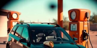 The Most Fuel-Efficient SUVs You Can Buy Today Orange hybrid SUV with burrito on hood, "I Voted" plate, retro pumps behind. Desert teal vibe.