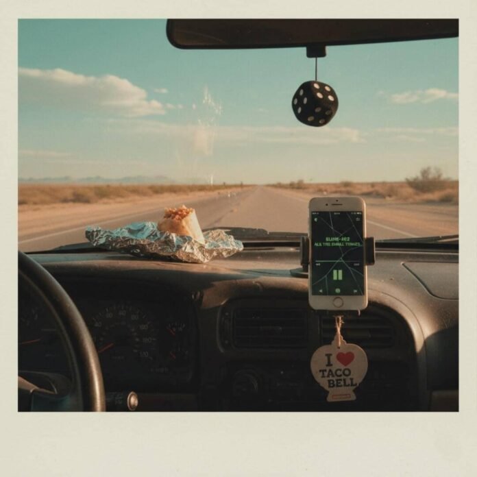 Dashboard with burrito, phone, and road.