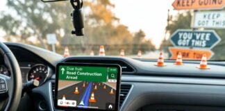 Best Sedans for Long Commutes in 2025 Half-eaten burrito in cupholder, GPS dodging cones, crumpled can, quirky motivational signs at golden hour.