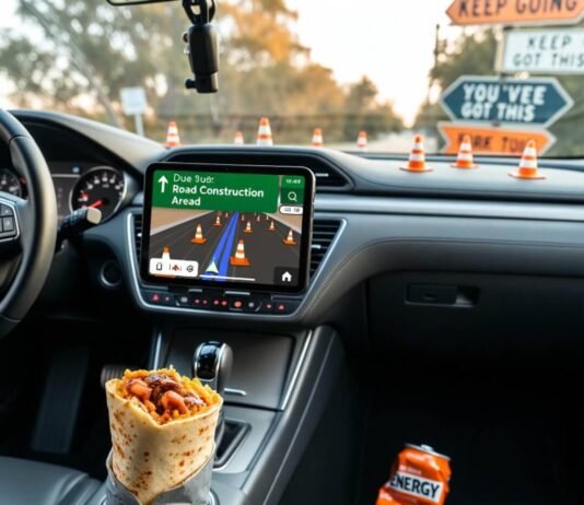 Best Sedans for Long Commutes in 2025 Half-eaten burrito in cupholder, GPS dodging cones, crumpled can, quirky motivational signs at golden hour.