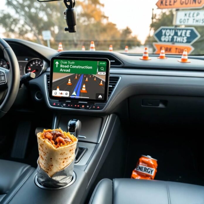 Half-eaten burrito in cupholder, GPS dodging cones, crumpled can, quirky motivational signs at golden hour.