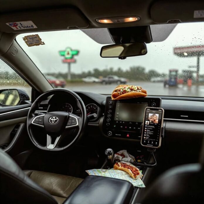 Rainy truck-stop: chili dog on dash, cracked iPhone, faded "I Voted" sticker. Rainy truck-stop: chili dog on dash, cracked iPhone, faded "I Voted" sticker.