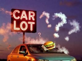 Buying a Used Car? Check These 10 Reliability Ratings First Dusty 2009 Honda Civic under flickering CAR LOT neon, burger on hood, smoky question marks at dusk.