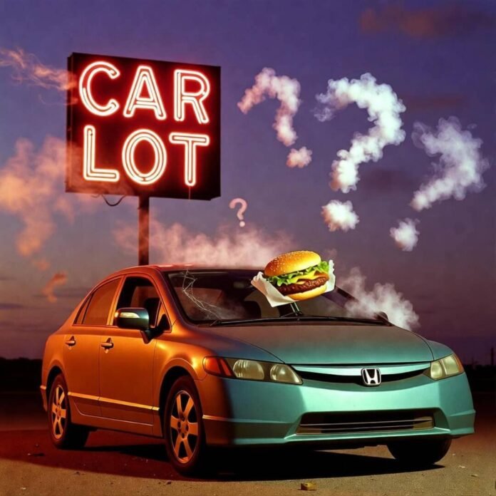 Dusty 2009 Honda Civic under flickering CAR LOT neon, burger on hood, smoky question marks at dusk.