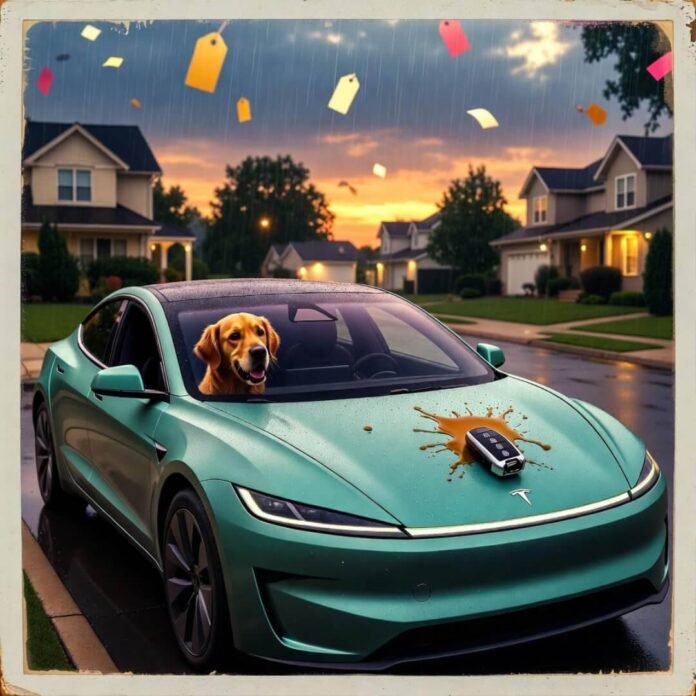 Teal electric car with coffee spill, dog chewing key fob, price tag confetti.