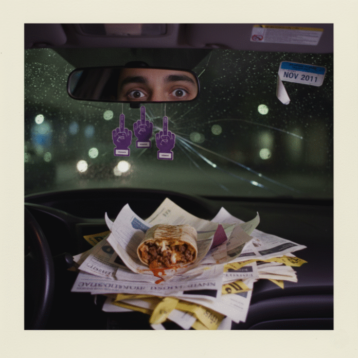 Burrito, insurance quotes, and panicked eyes in car.