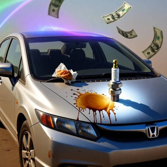 Beat-up Honda Civic with giant coffee stain, glowing spark plug, burger wrapper, and floating dollar bills in neon haze.