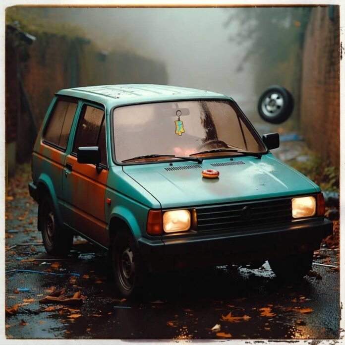 Vintage Polaroid of quirky teal SUV in rainy alley, glowing headlights, rolling hubcap.